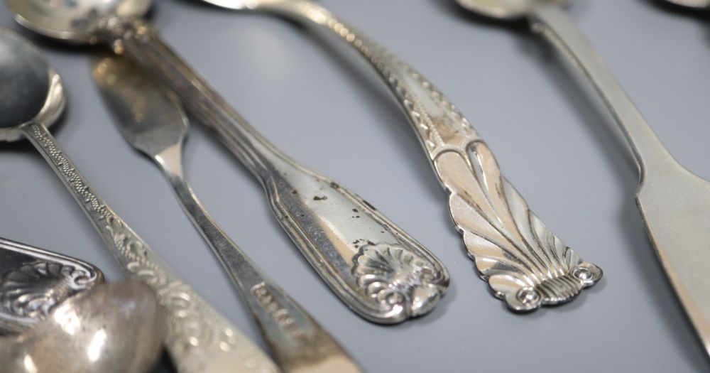 A group of assorted 19th century and later minor silver flatware, two white metal items and a plated condiment spoon, 14oz.